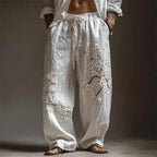 Men's White Almond Blossom Flowy Wide Leg Linen Pants