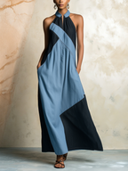 Color-Block Denim Halter Maxi Dress Sleeveless