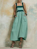 Mint Green Denim Square Neck Midi Dress With Contrast Stripes & Pockets