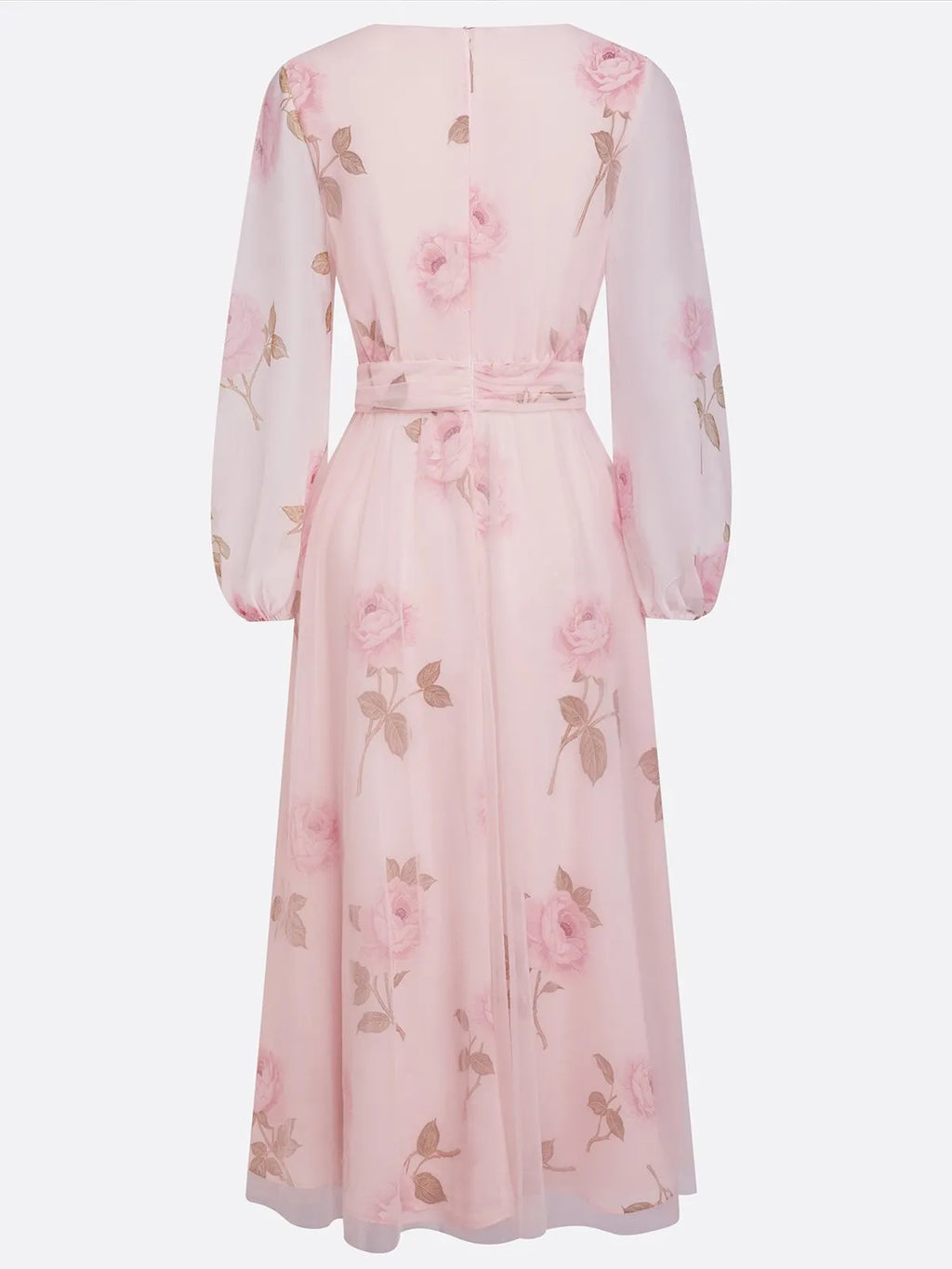 Pink Floral Tulle V Neck Long Sleeve Balloon Sleeve A-Line Midi Dress