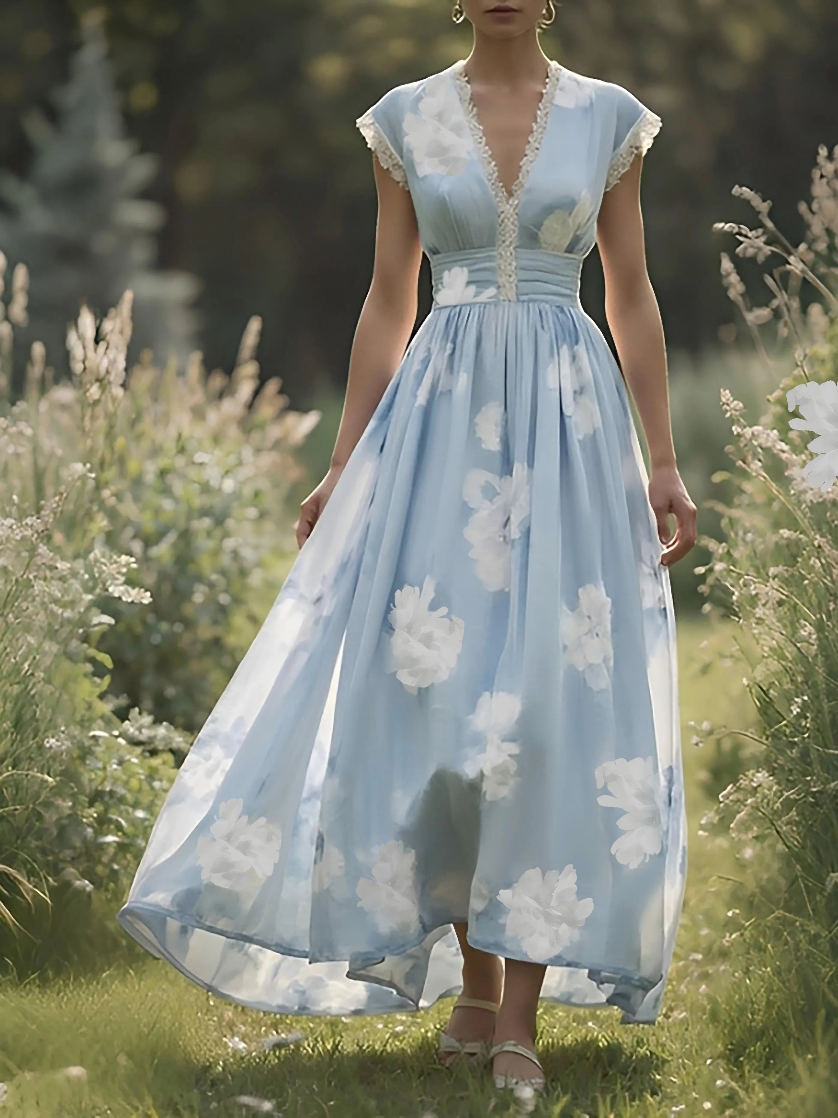 (SIZE:XS-XXL)Linen Maxi Dress, Sleeveless, V neck, Floral, Vintage, Light Blue