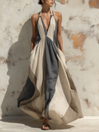 Abstract Print Halter Neck Flowy Maxi Dress
