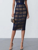 Purplish blue Organza Plaid Classic V Neck Short Sleeve Sheath Midi Dress