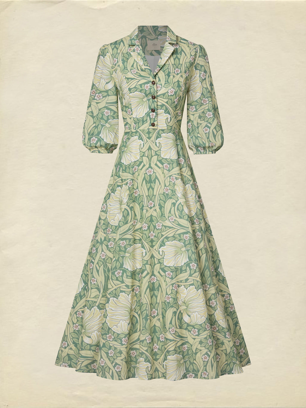 Maxi Linen Dress, Half Sleeve, Lapel Collar, Paisley, Button Design, Vacation, Vintage, Green