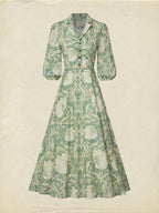 Maxi Linen Dress, Half Sleeve, Lapel Collar, Paisley, Button Design, Vacation, Vintage, Green