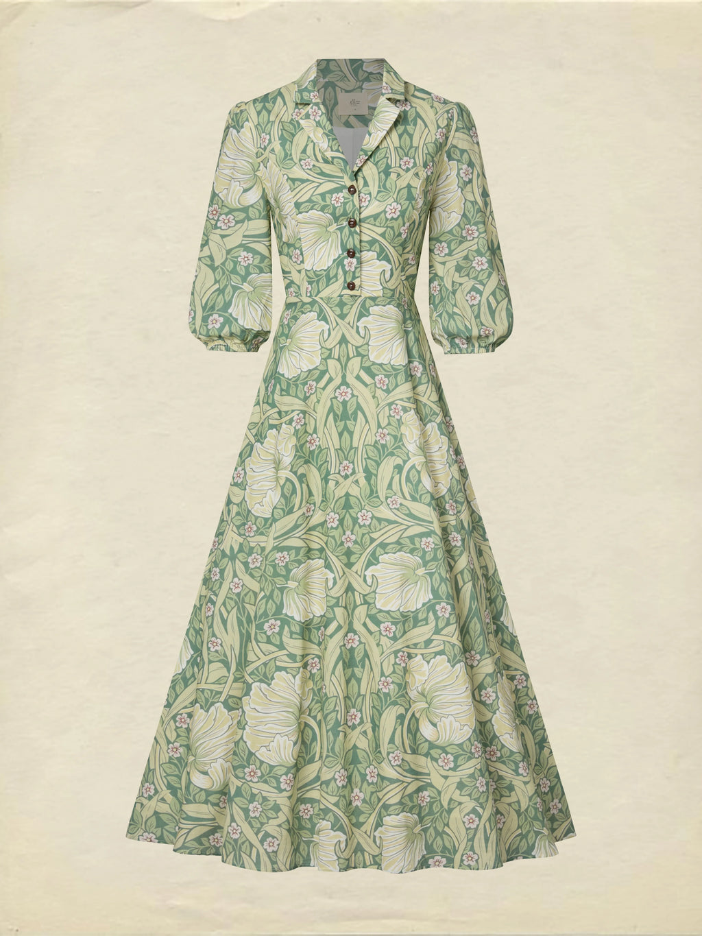 Maxi Linen Dress, Half Sleeve, Lapel Collar, Paisley, Button Design, Vacation, Vintage, Green