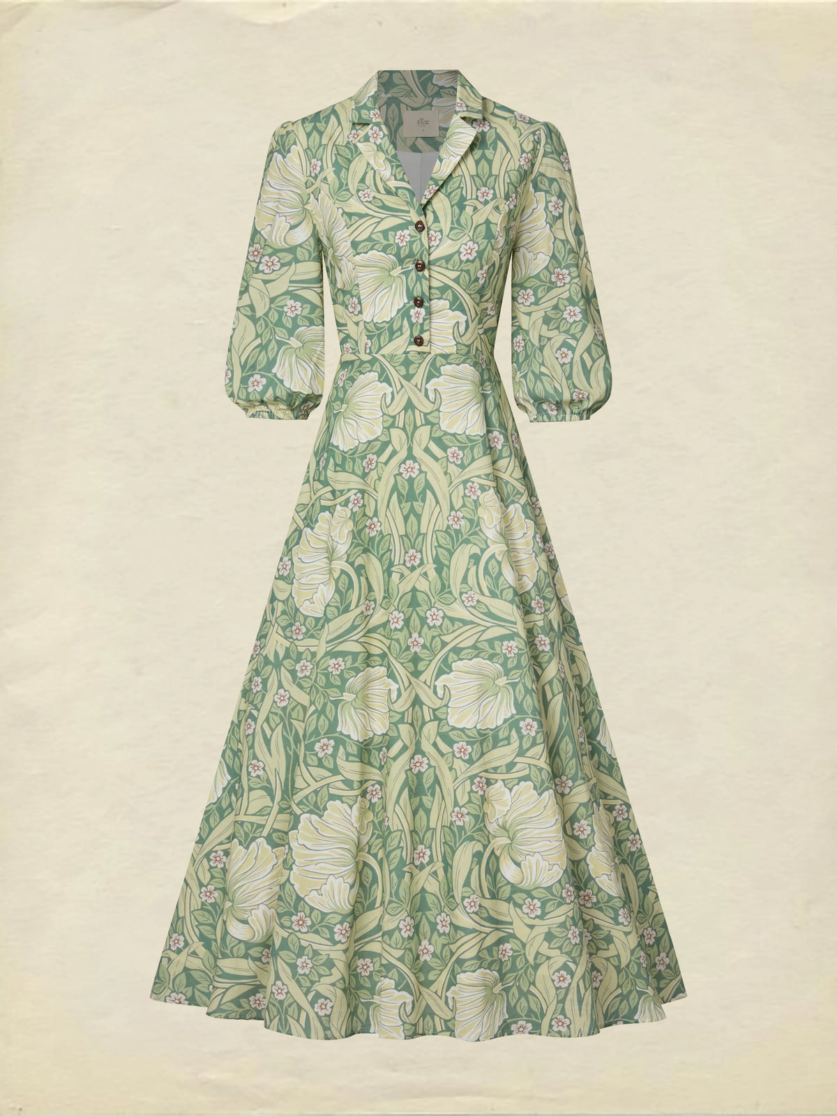 Maxi Linen Dress, Half Sleeve, Lapel Collar, Paisley, Button Design, Vacation, Vintage, Green