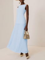 Off White Pleated Classic Boat Neck Sleeveless A-Line Floor-length Gown Dress
