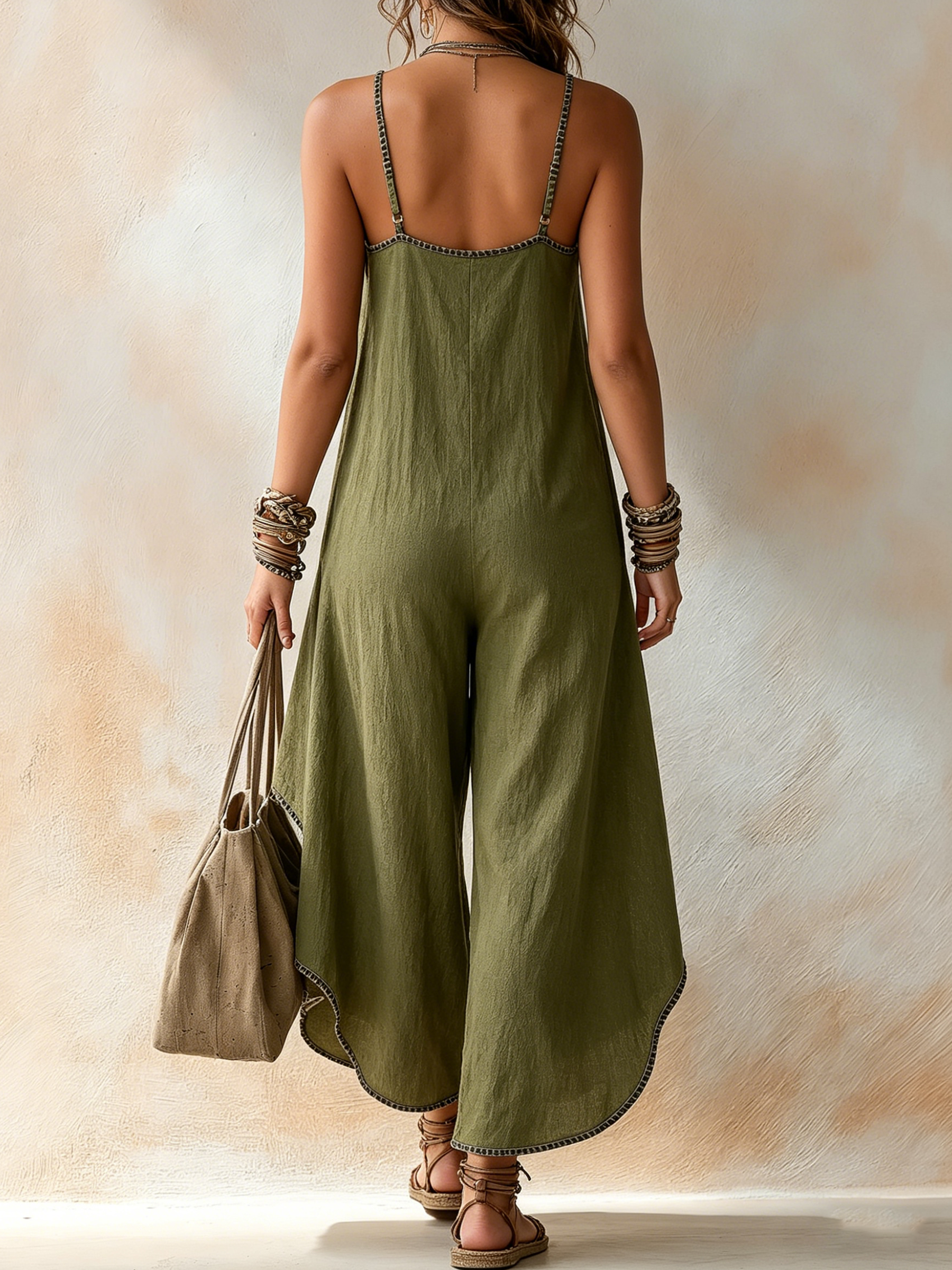 Olive Green Linen-Blend Contrast Stitch Wide-Leg Harem Jumpsuit