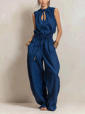 Casual Linen And Cotton Sleeveless Tie-waist Jumpsuit