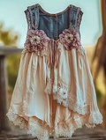 Summer Vacation Ruffle Lace Contrast Color Denim Top 05a5