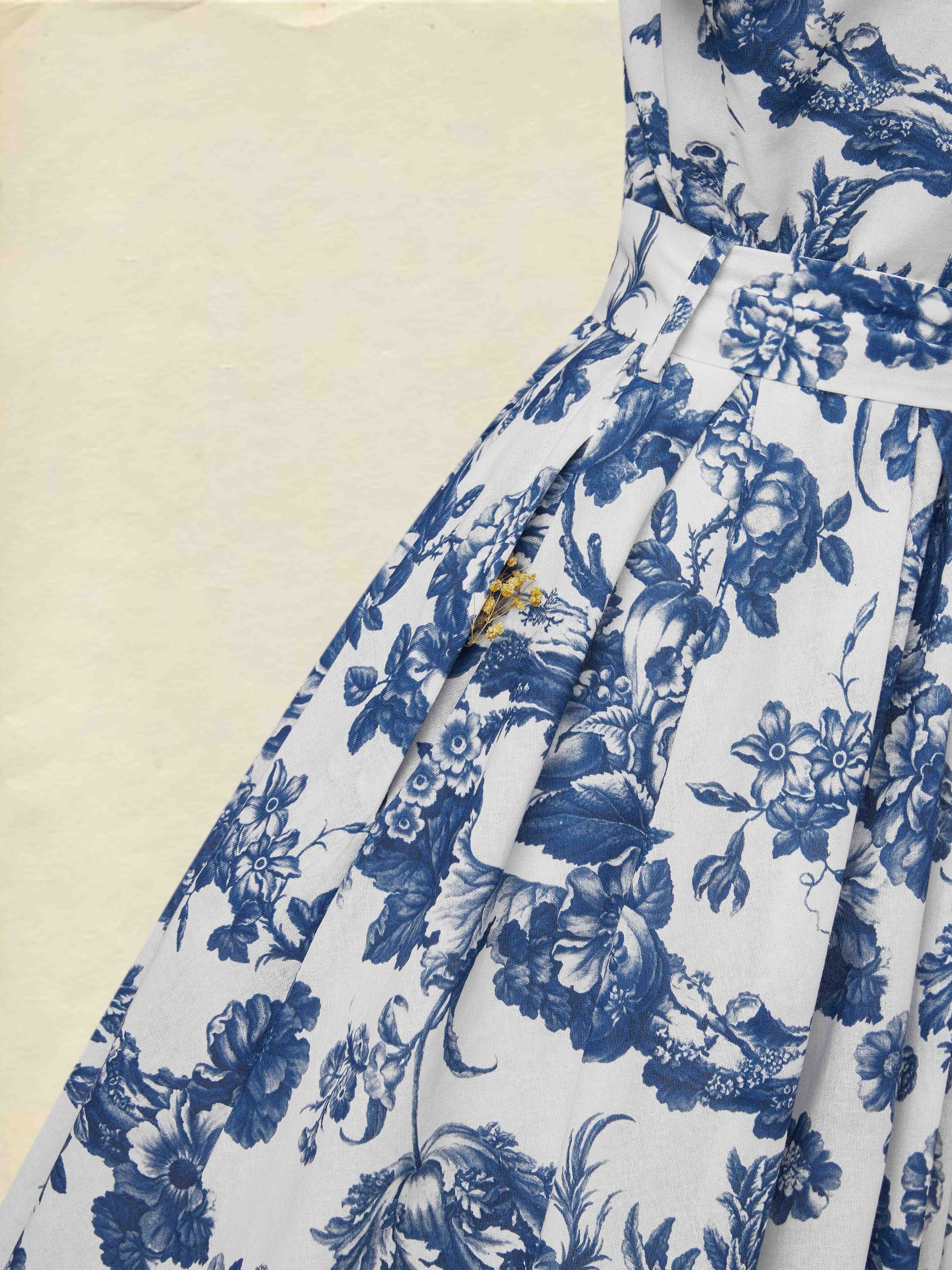 Midi Linen Dress , Short Sleeves, Shawl Collar, Floral, Vacation, Vintage, Blue