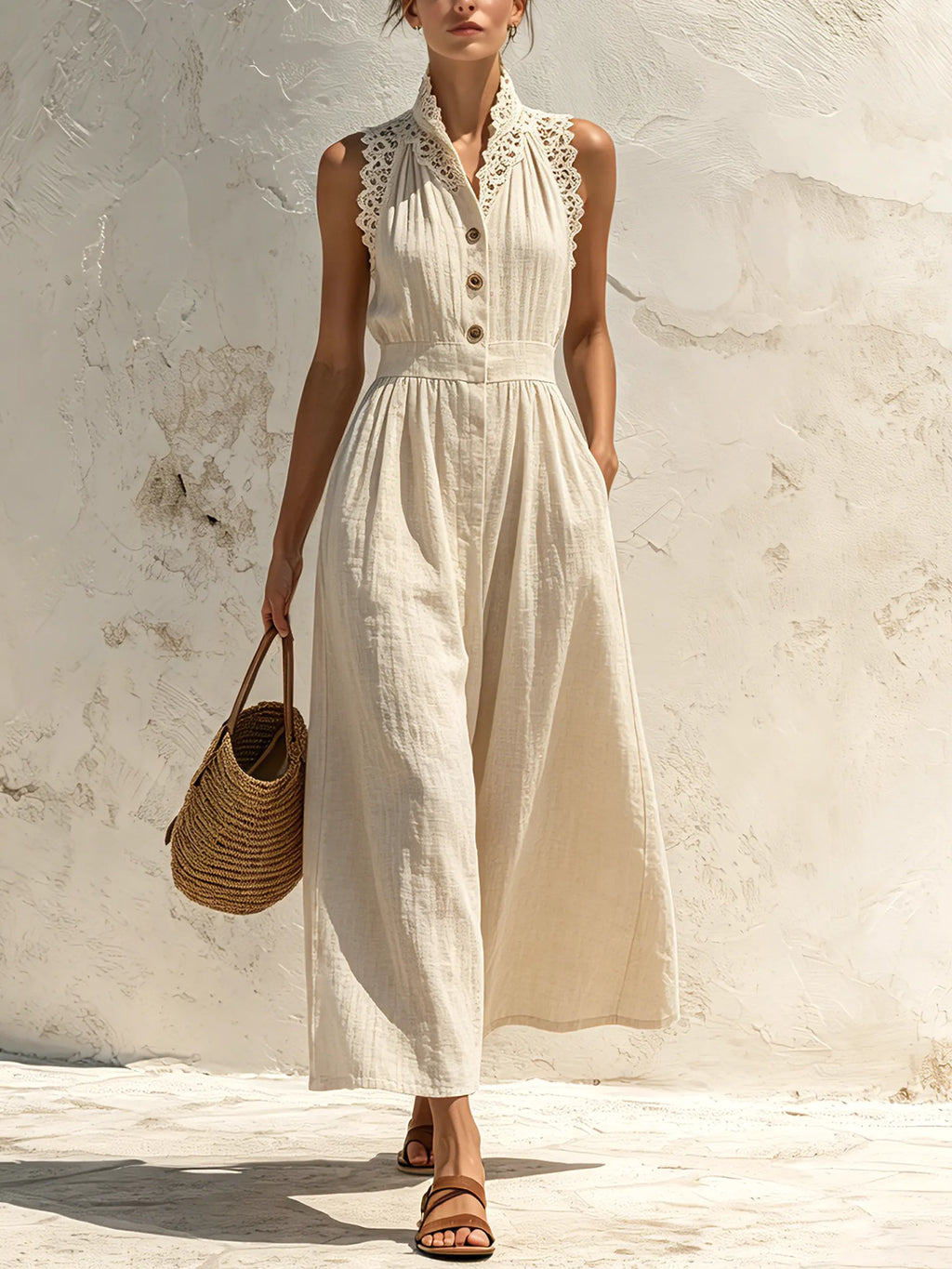 Beige Linen-Blend Lace Trim Sleeveless Button-Front Maxi Dress