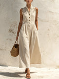 Beige Linen-Blend Lace Trim Sleeveless Button-Front Maxi Dress