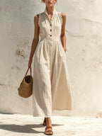 Beige Linen-Blend Lace Trim Sleeveless Button-Front Maxi Dress