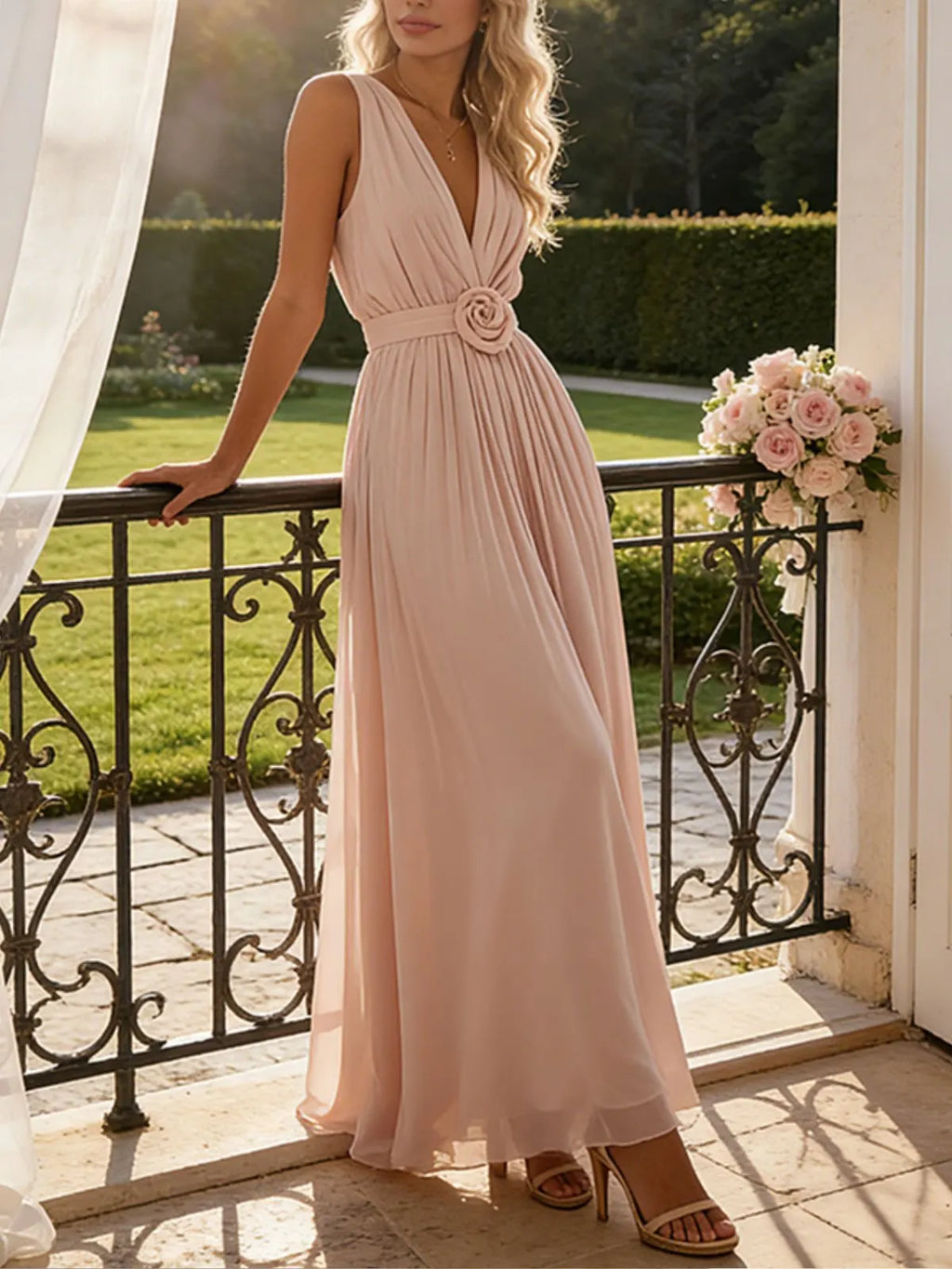 Pink 3D Floral Pleated Chiffon V Neck Sleeveless A-Line Maxi Dress