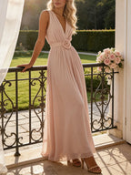 Pink 3D Floral Pleated Chiffon V Neck Sleeveless A-Line Maxi Dress