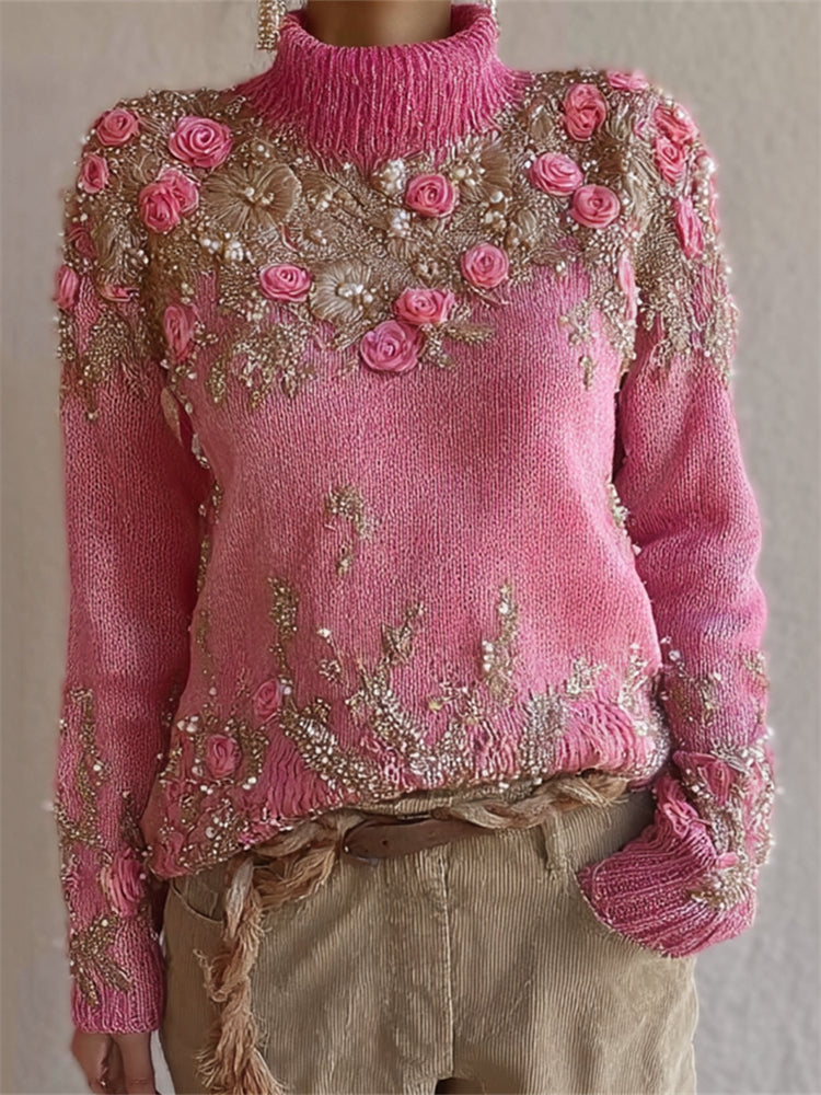 Classy Pink Roses Glitter Cozy Knit Turtleneck Sweater