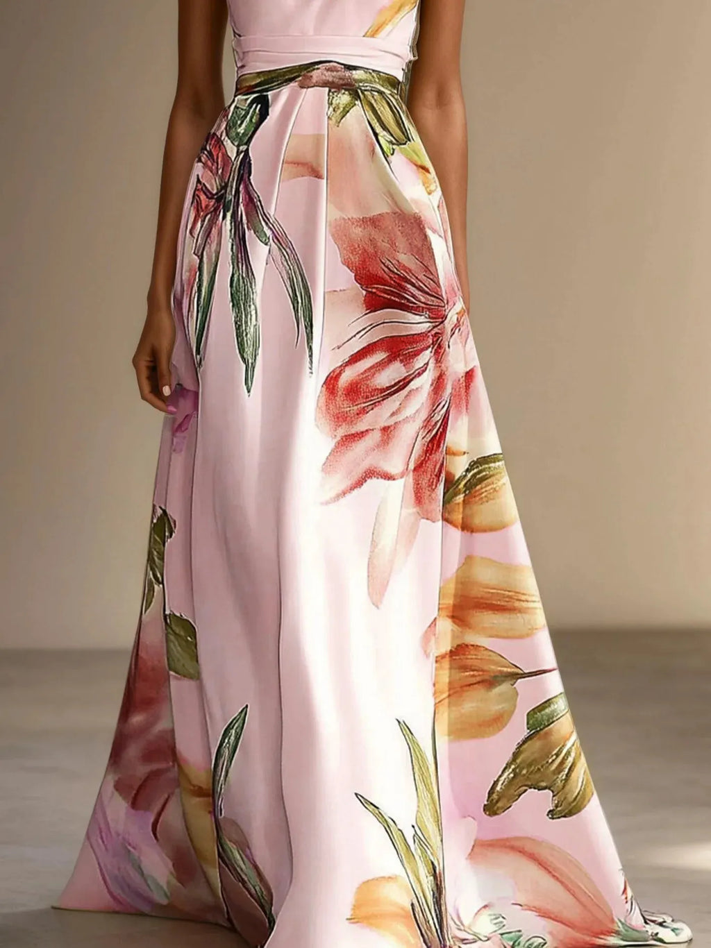 Lavender Purple Floral Satin One Shoulder Sleeveless A-Line Floor-length Gown With Pockets