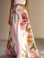 Lavender Purple Floral Satin One Shoulder Sleeveless A-Line Floor-length Gown With Pockets