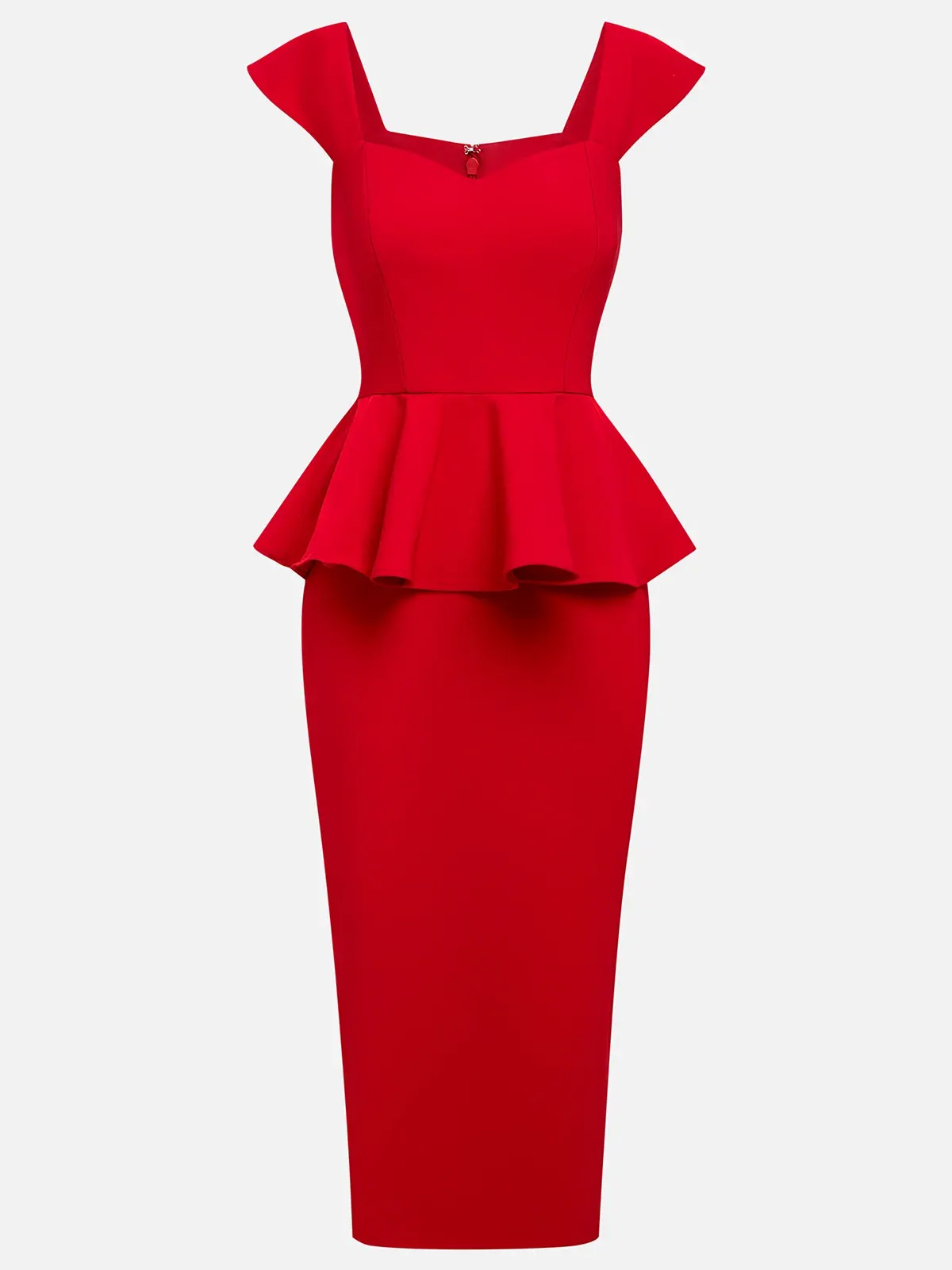 Red Peplum Square Neck Sleeveless Sheath Midi Dress