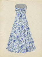 Maxi Cotton Dress, Sleeveless, Strapless, Floral, Vacation, Vintage, Blue