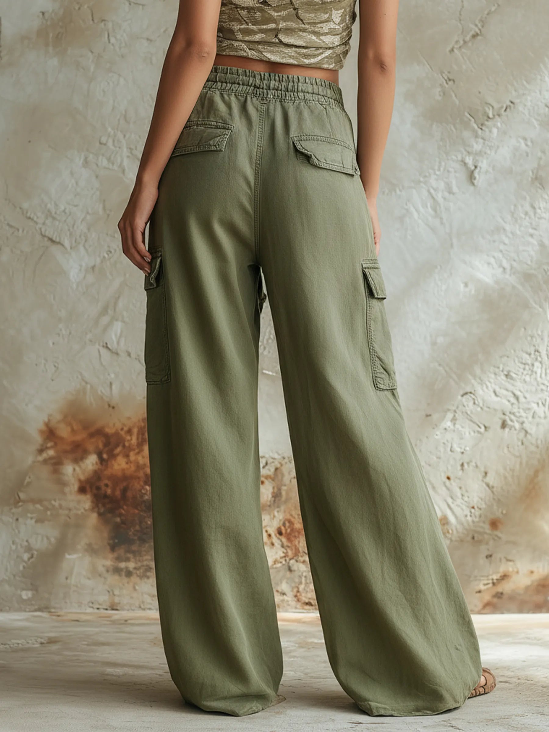 Olive Green High-Waist Wide-Leg Cargo Pants With Drawstring Waist