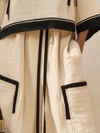 Beige Linen-Blend Contrast Trim Two-Piece Set
