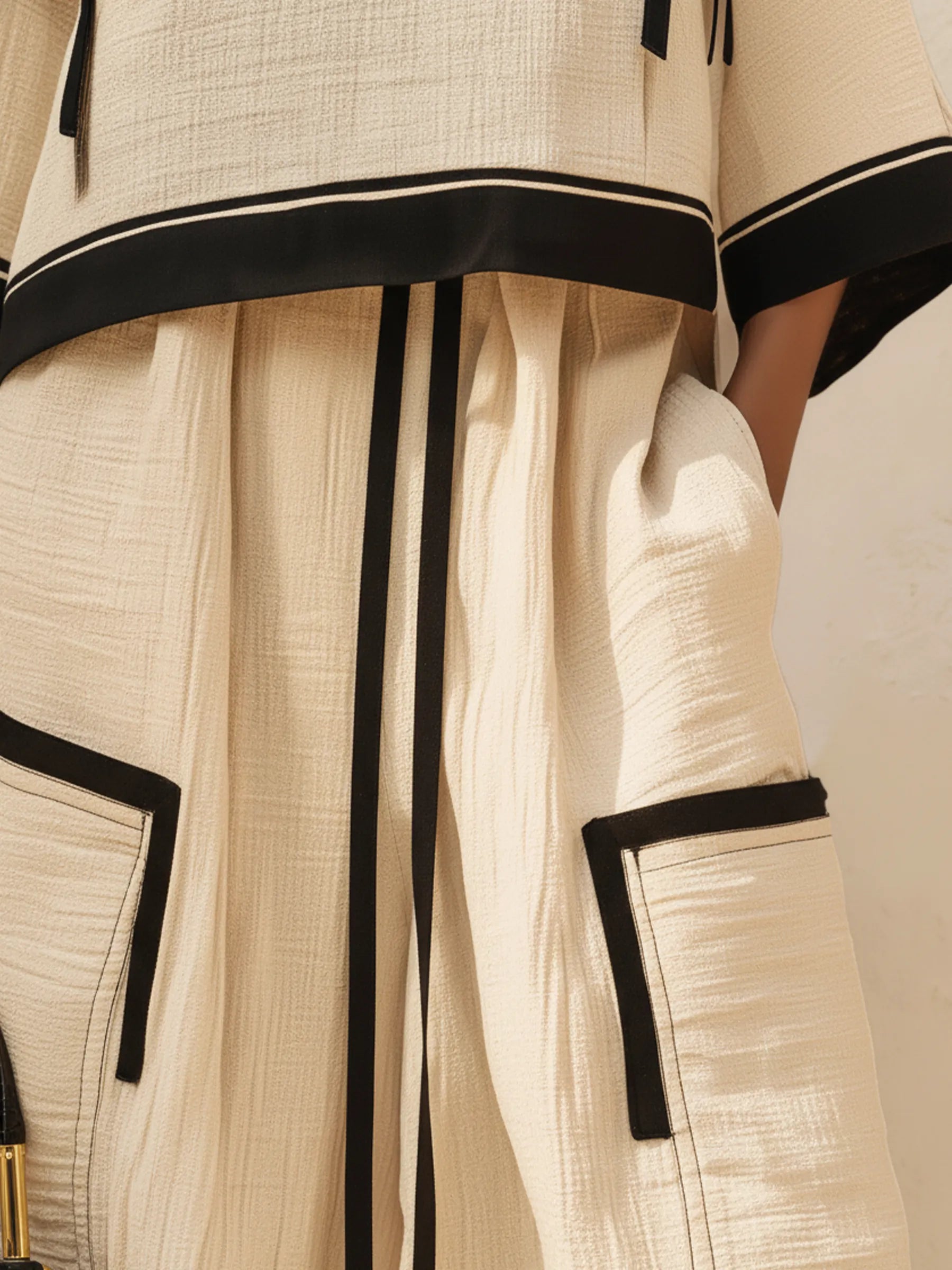 Beige Linen-Blend Contrast Trim Two-Piece Set