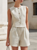 Tailored Vest & Drawstring Shorts Linen-Blend Two-Piece Set
