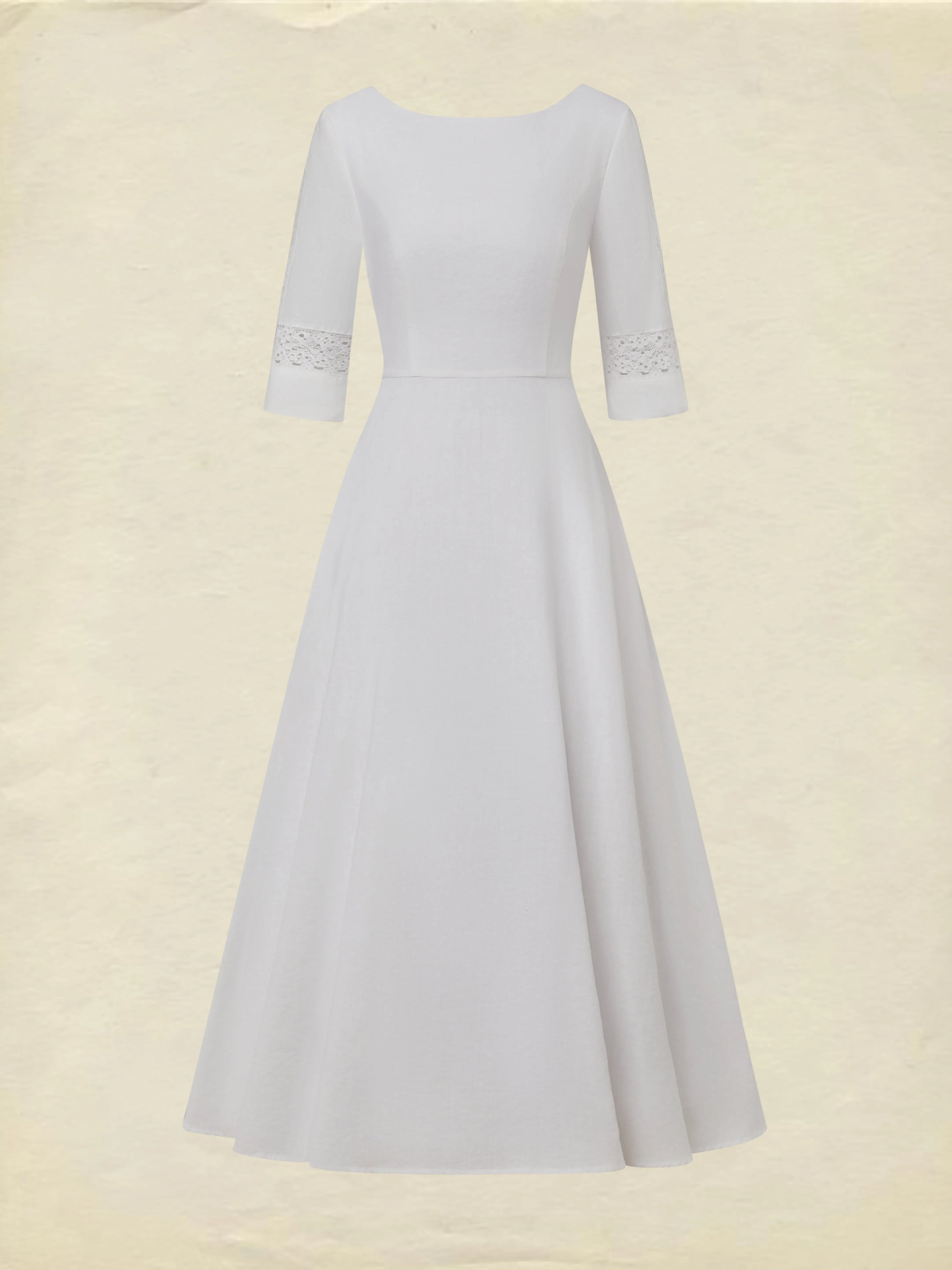 Midi Cotton Dress, Half Sleeve, Round Neck, Plain, Lace, Vacation, Vintage, White