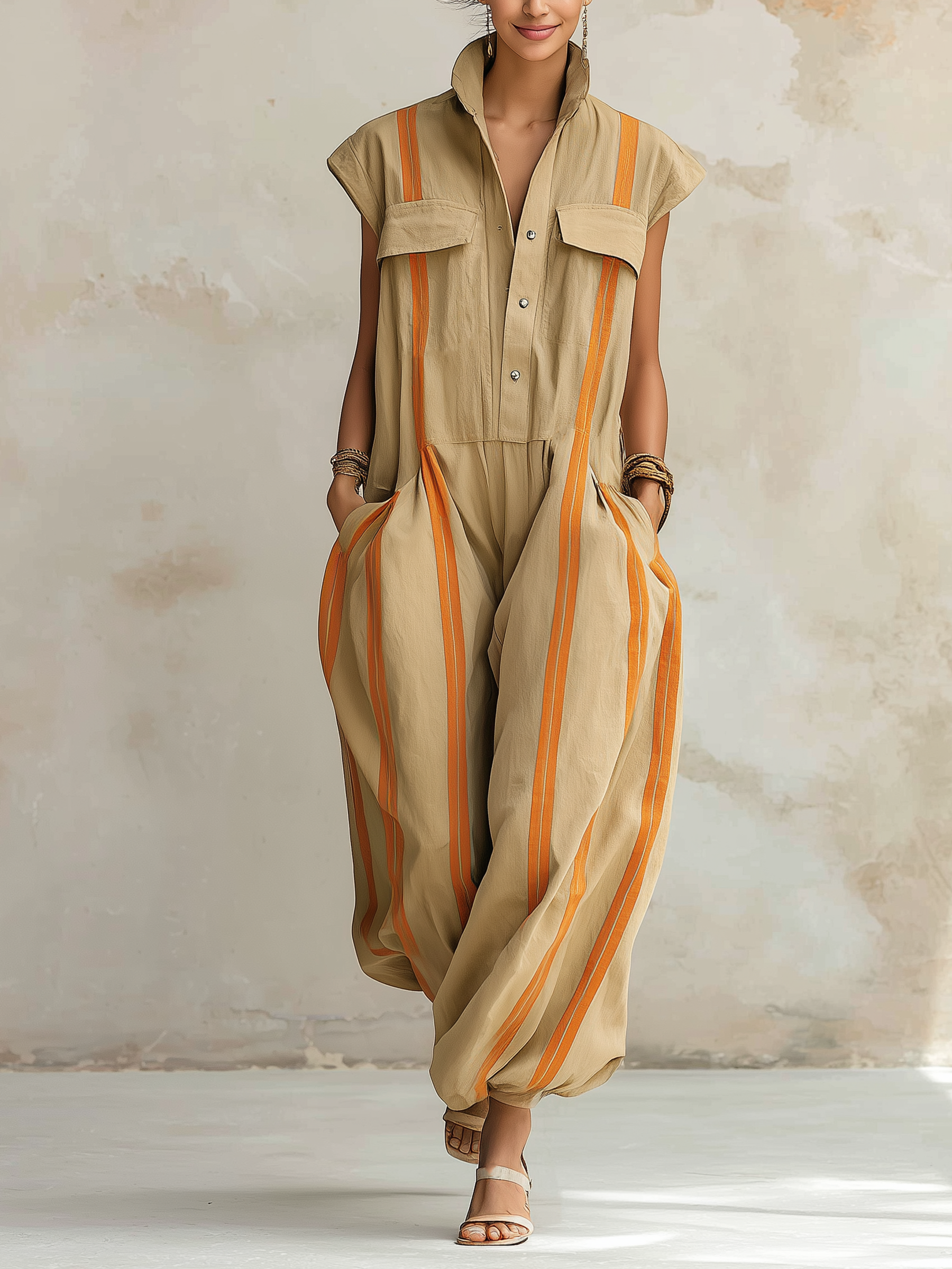 Stand Collar Striped Utility Jumpsuit