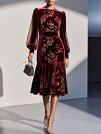 Black Mesh Jacquard Velvet Crew Neck Long Sleeve Balloon Sleeve Mermaid Midi Dress