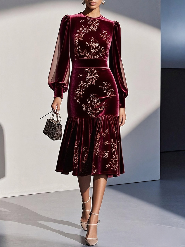 Black Mesh Jacquard Velvet Crew Neck Long Sleeve Balloon Sleeve Mermaid Midi Dress