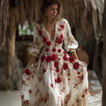 Bohemian Style Red Rose Retro Cotton And Linen Woman's V-neck Dress