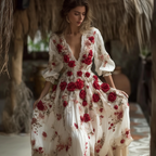 Bohemian Style Red Rose Retro Cotton And Linen Woman's V-neck Dress