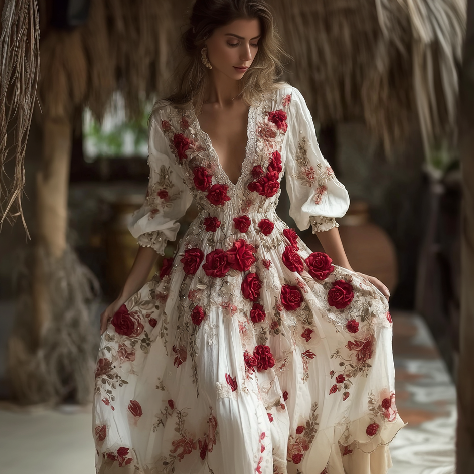 Bohemian Style Red Rose Retro Cotton And Linen Woman's V-neck Dress