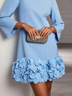Pink 3D Floral Classic Crew Neck Bell Long Sleeve Shift Mini Dress