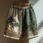 Japanese Pine Tree & Sea Waves Embroidered Art Linen Blend Casual Shorts
