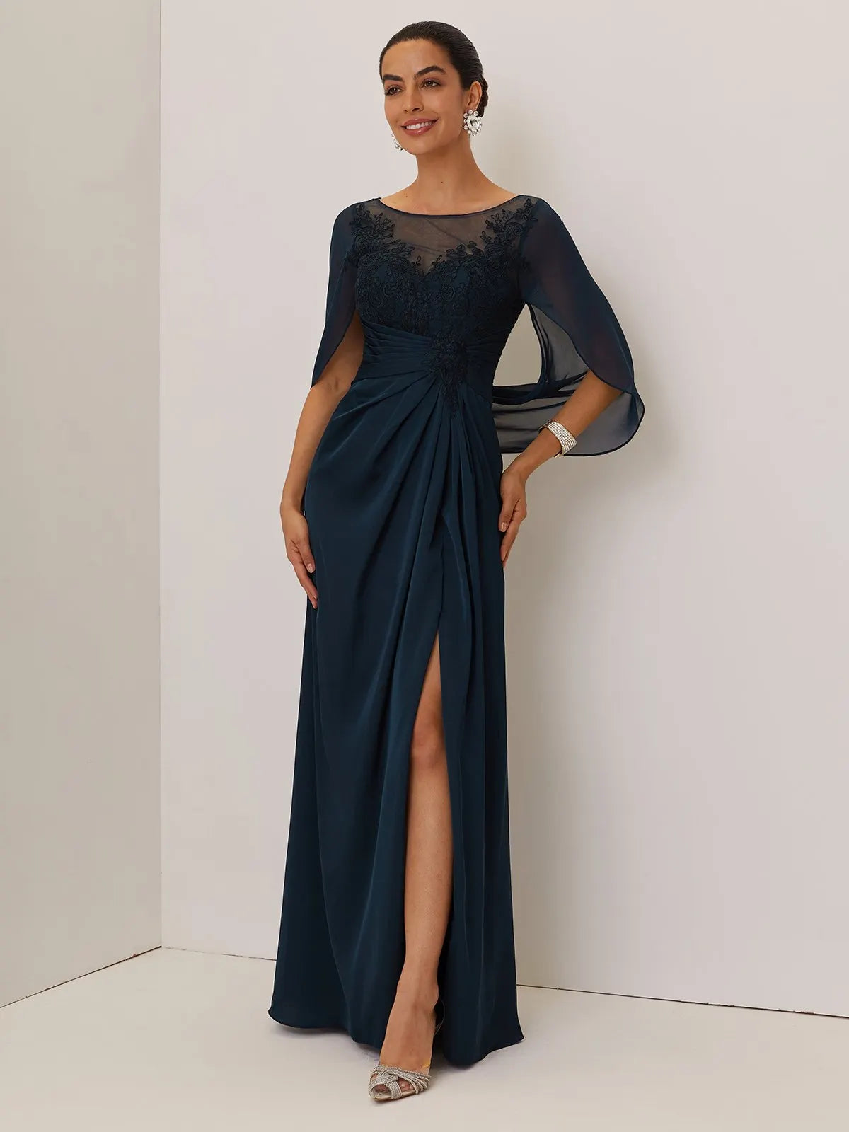 Purplish blue Lace Chiffon Boat Neck Short Sleeve A-Line Maxi Mother of the Bride or Groom Dress