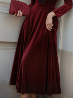 Midi Cotton Dress, Long Sleeves, Stand Collar, Plain, Lace, French Vintage, Wine Red