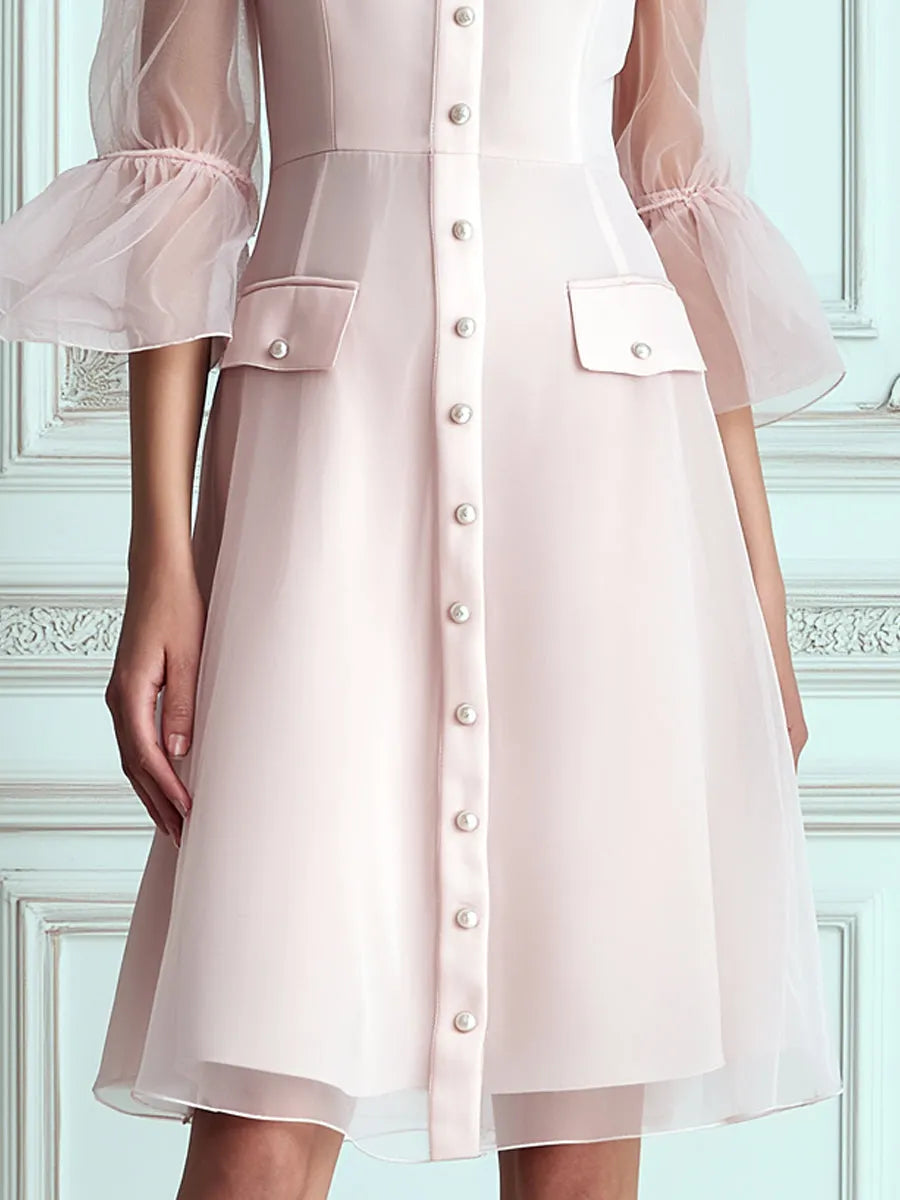 Blush Pink Sheer Flared 3/4‑Sleeve A‑Line Midi Dress