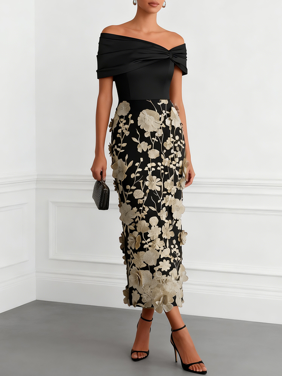 Black 3D Floral Classic Off The Shoulder Short Sleeve Sheath Midi Dress