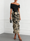Black 3D Floral Classic Off The Shoulder Short Sleeve Sheath Midi Dress