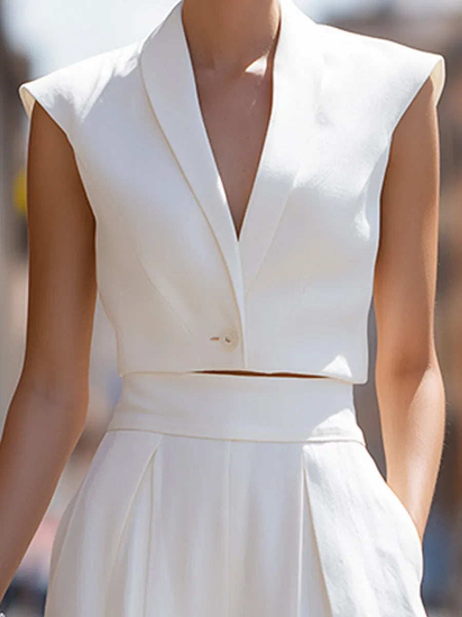 Sleeveless Cropped Blazer Top & Wide-Leg Pants Set