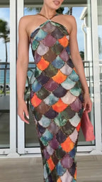 Multicolor Scale Rhinestone Halter Mermaid Maxi Dress