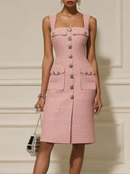 Pink Buckle Pocket Stitching Tweed Spaghetti Sleeveless Sheath Midi Dress