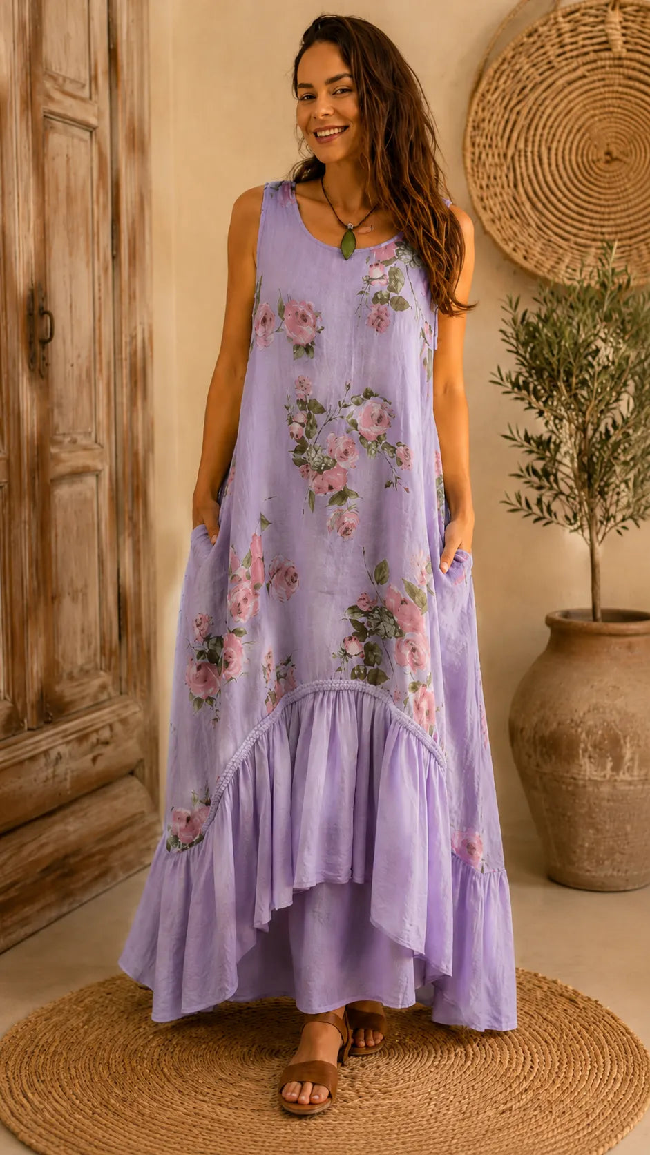 Rose Floral Sleeveless Linen-Blend Maxi Dress