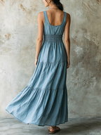Light Blue Denim Smocked Tiered Maxi Dress