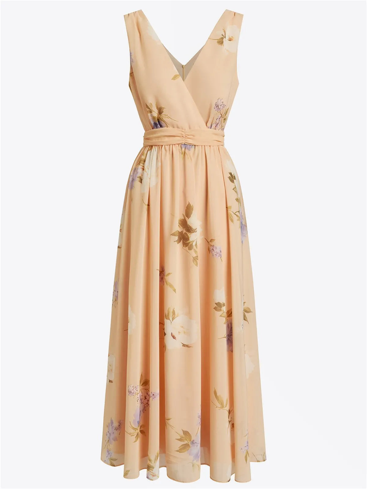 Apricot Floral Chiffon V Neck Sleeveless A-Line Maxi Dress